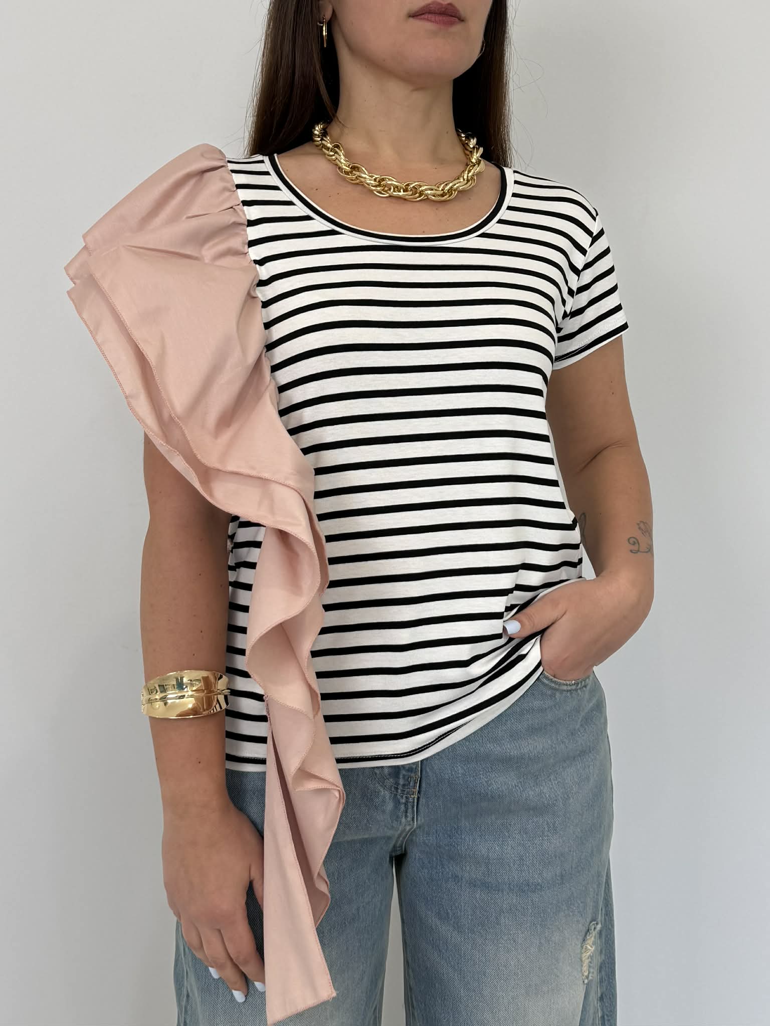 SusyMix - T-shirt righe con balza rosa
