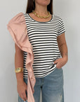SusyMix - T-shirt righe con balza rosa