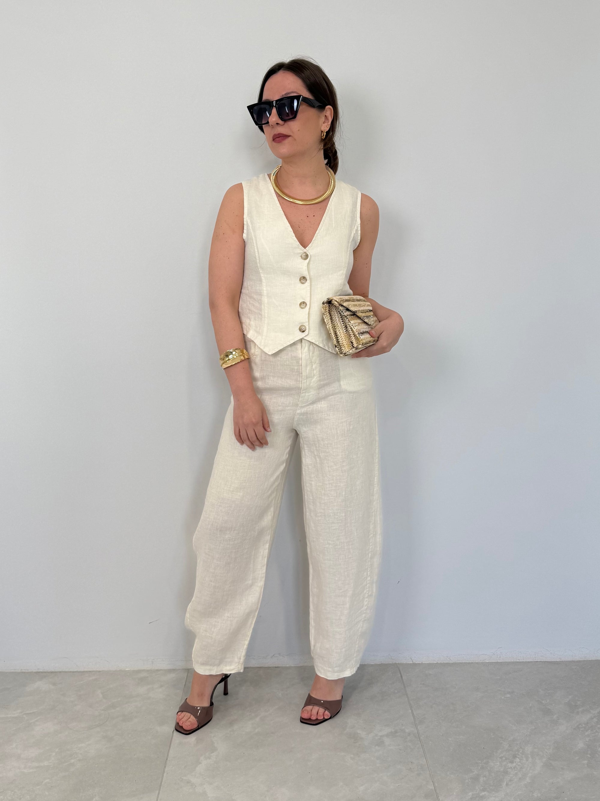 Haveone - Pantalone barrel in lino burro