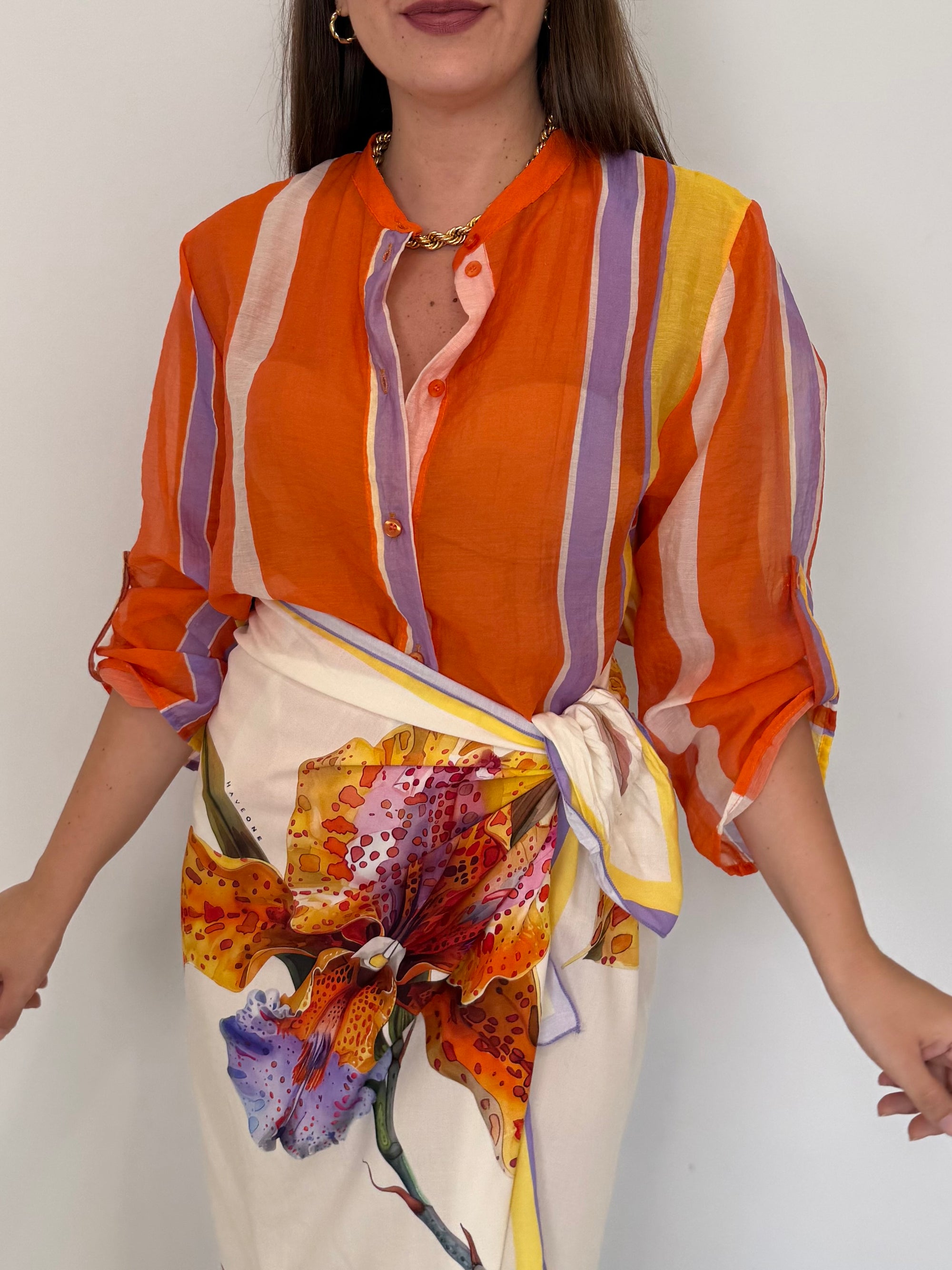 Haveone - Camicia righe asimmetriche arancio