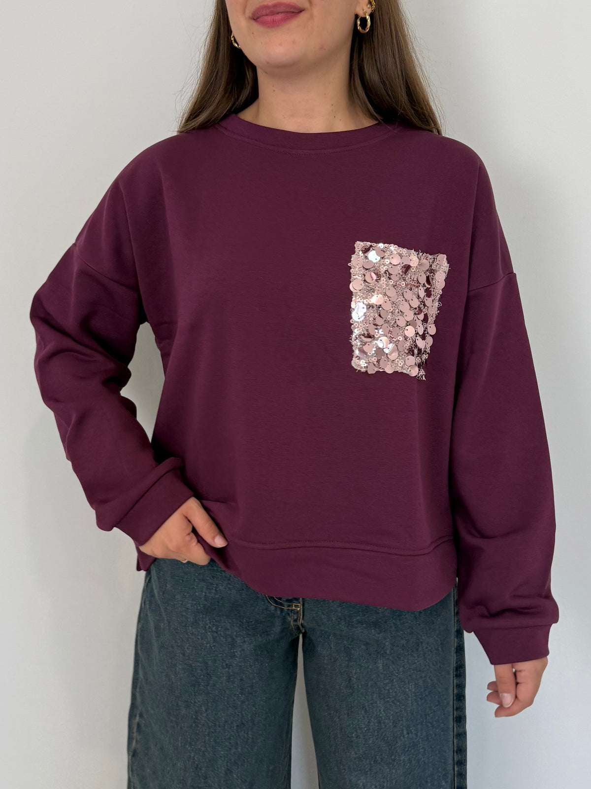 SusyMix - Felpa con tasca paillettes vino
