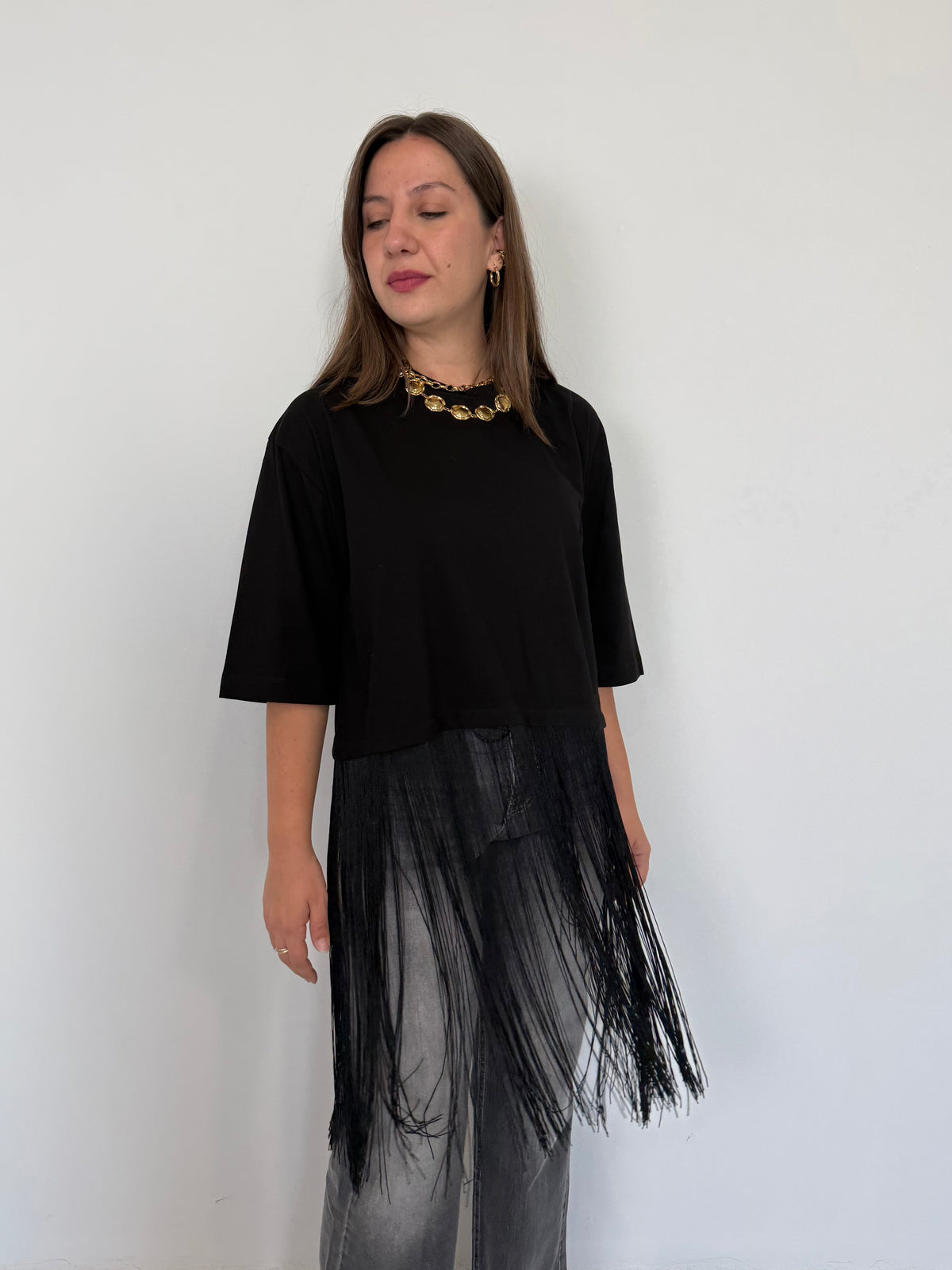 Haveone - Maglia con frange nera