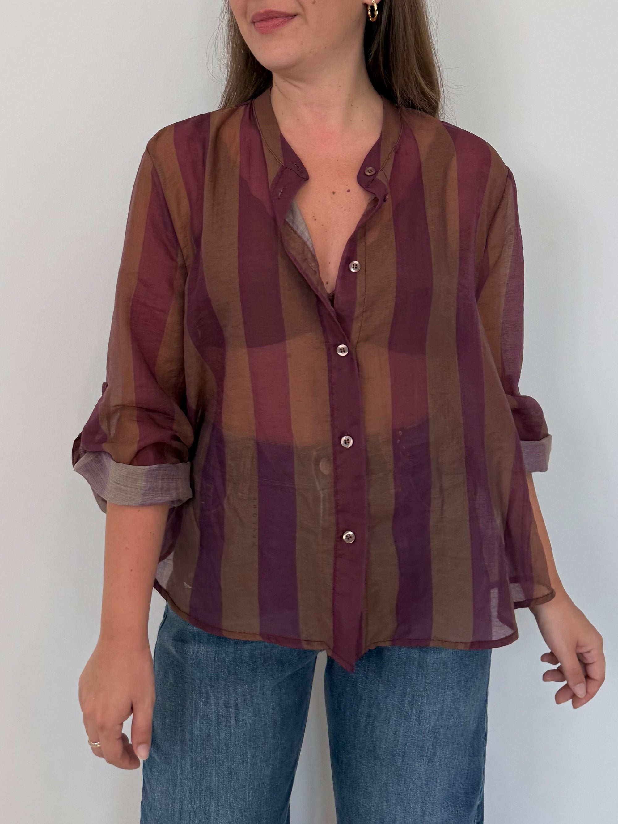 Haveone - Camicia righe larghe viola tabacco
