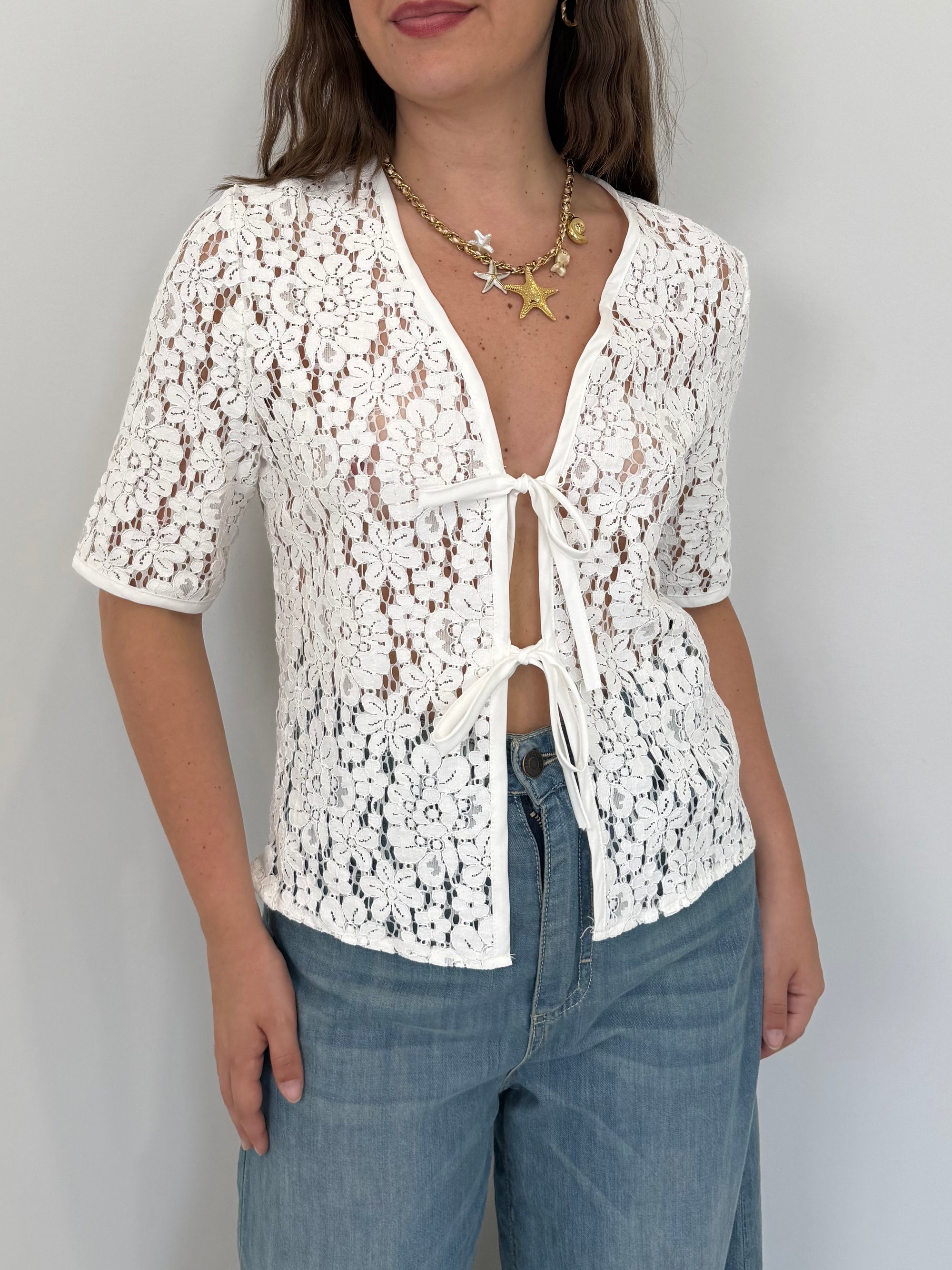 Haveone - Maglia con fiocchi in crochet bianca