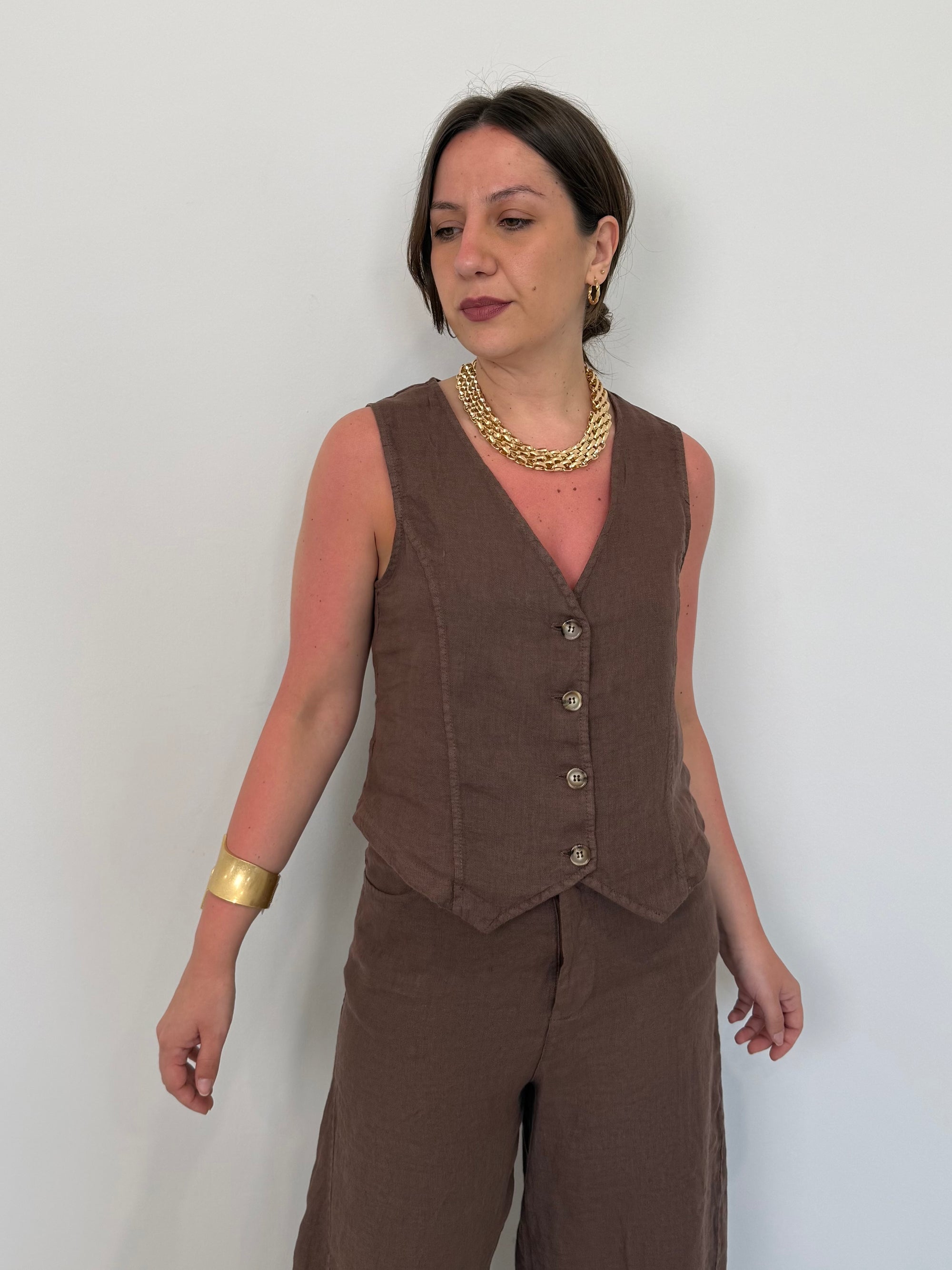 Haveone - Gilet in lino moro