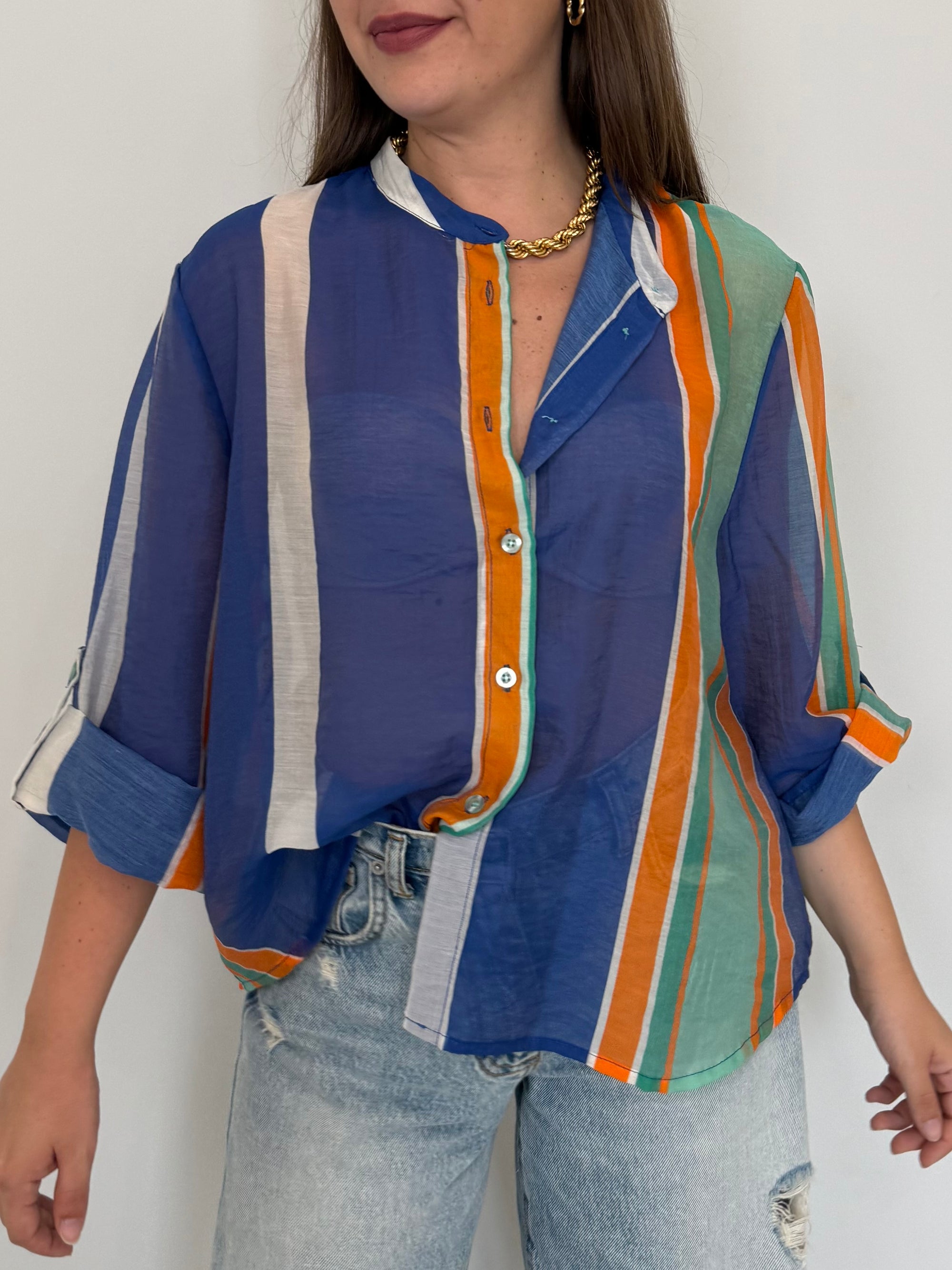 Haveone - Camicia righe asimmetriche blu