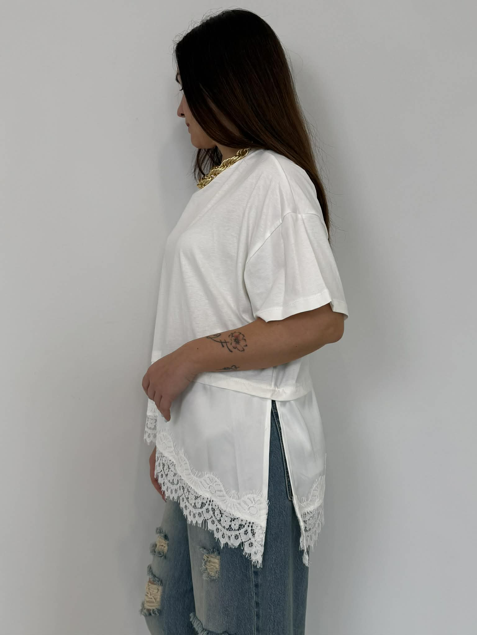 Dixie - T-shirt bianca con inserto raso