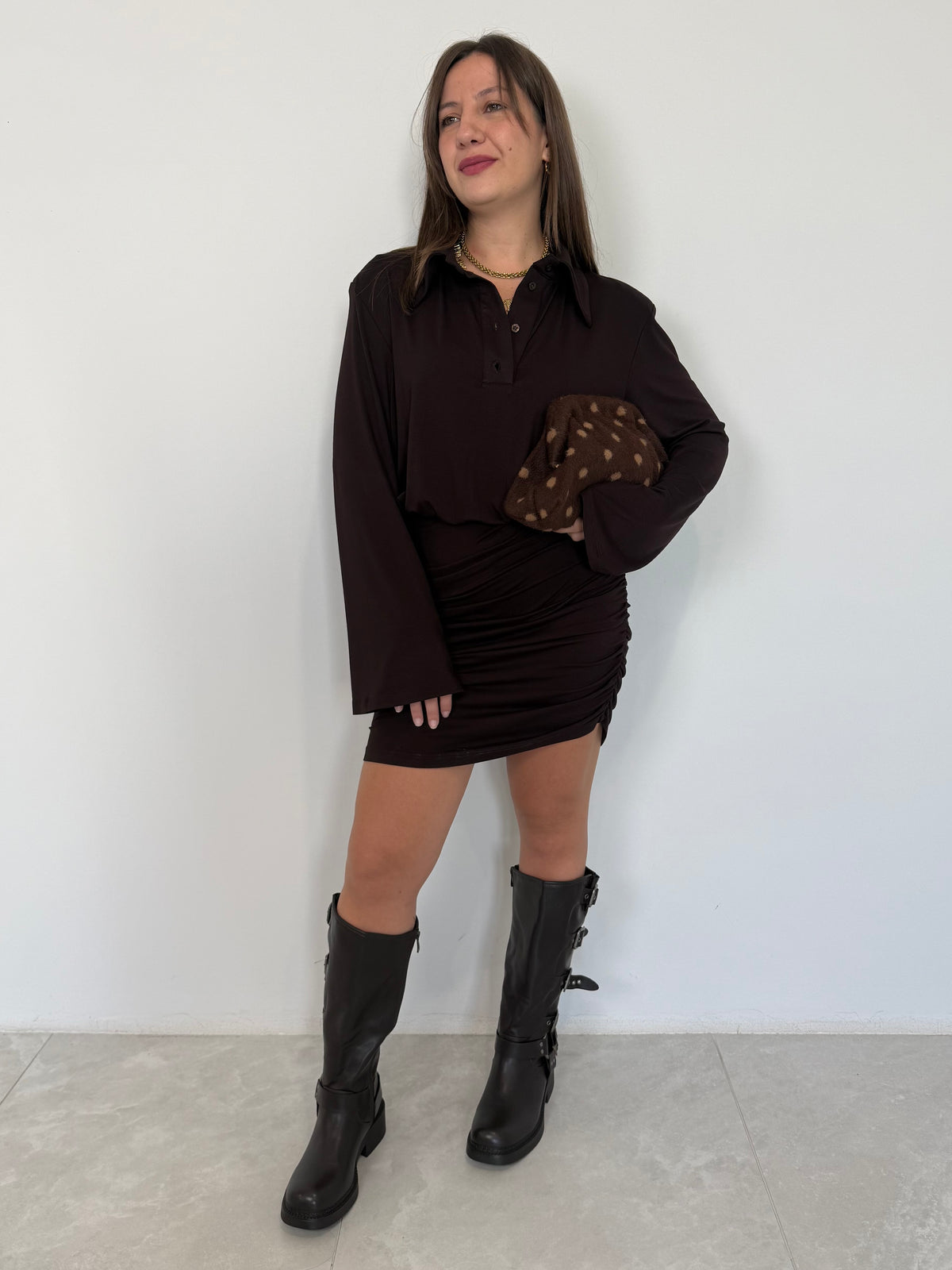 Tensione In - Abito stile camicia con manica svasata moro