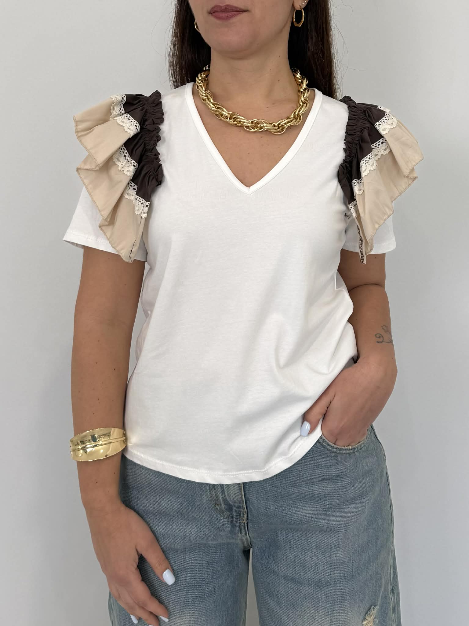 SusyMix - T-shirt con balze in cotone moro