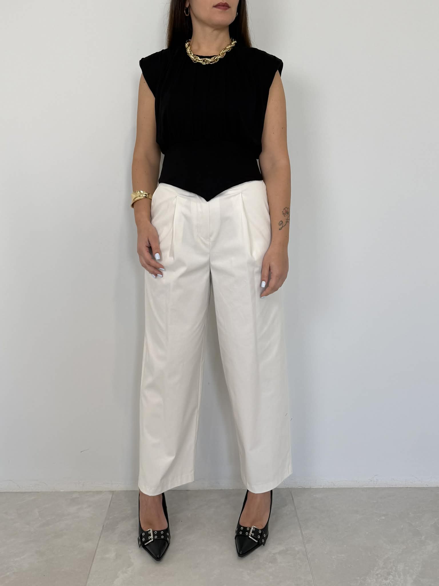 Tensione In - Pantalone in cotone con pence bianco