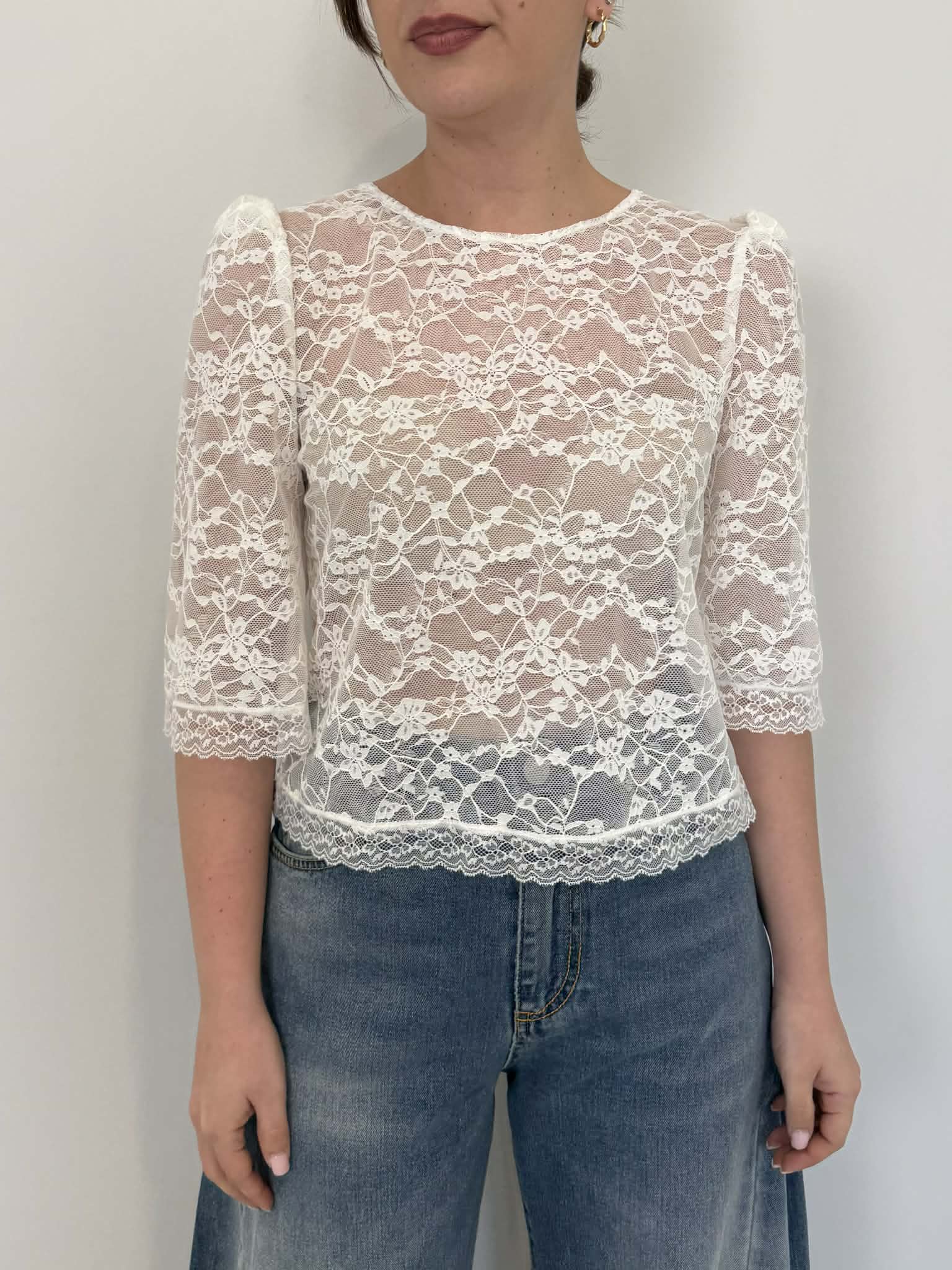 Haveone - Blusa a sbuffo in pizzo bianca