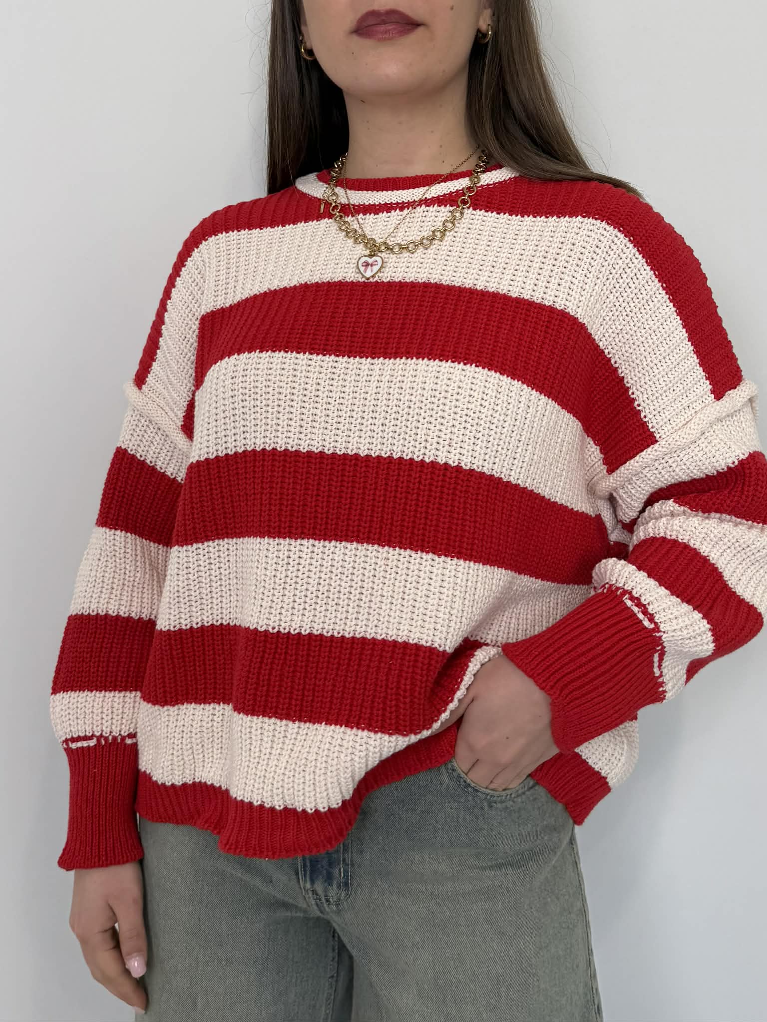 Haveone - Maglioncino rigato panna/rosso