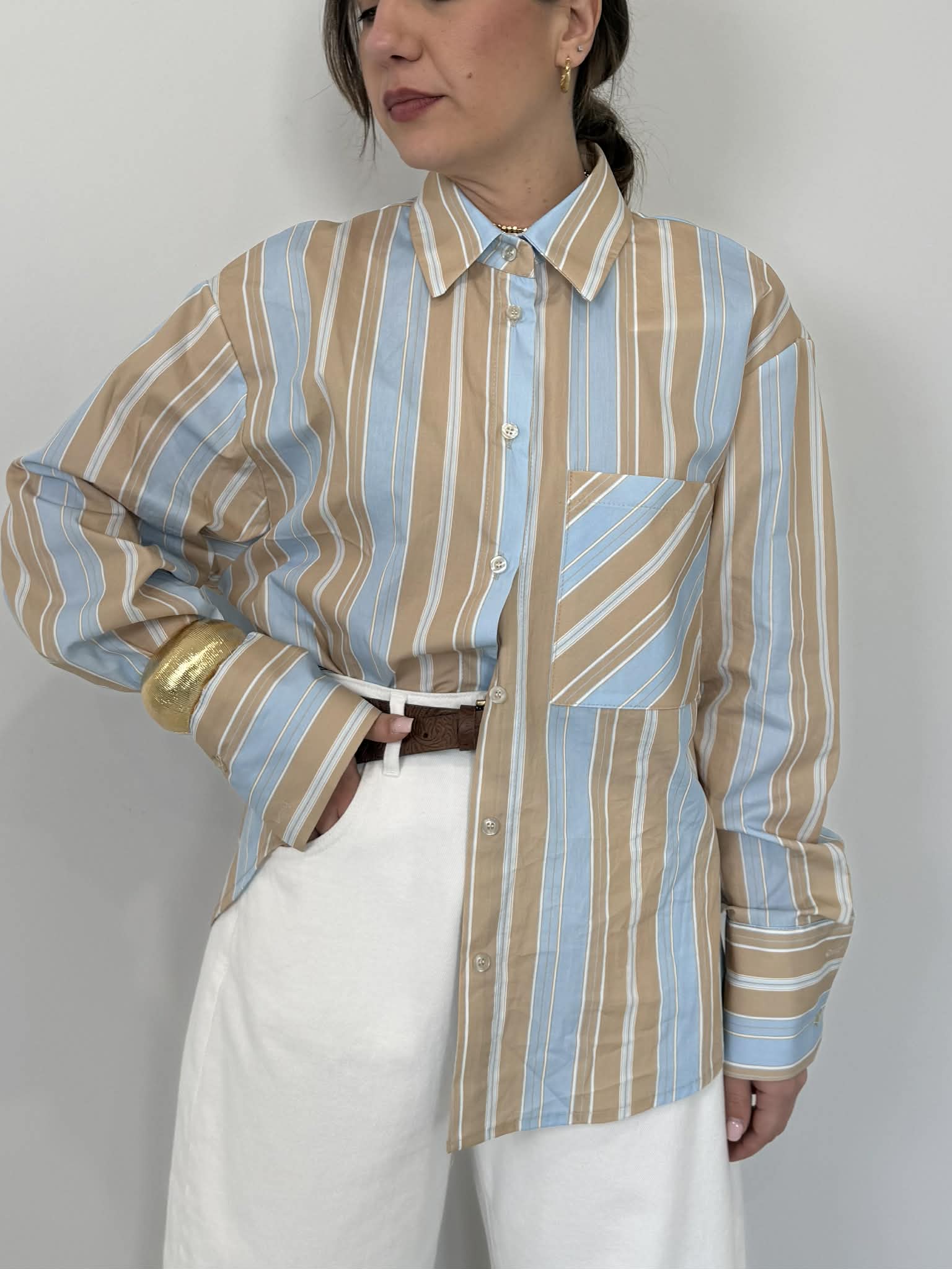 Haveone - Camicia rigata celeste/camel