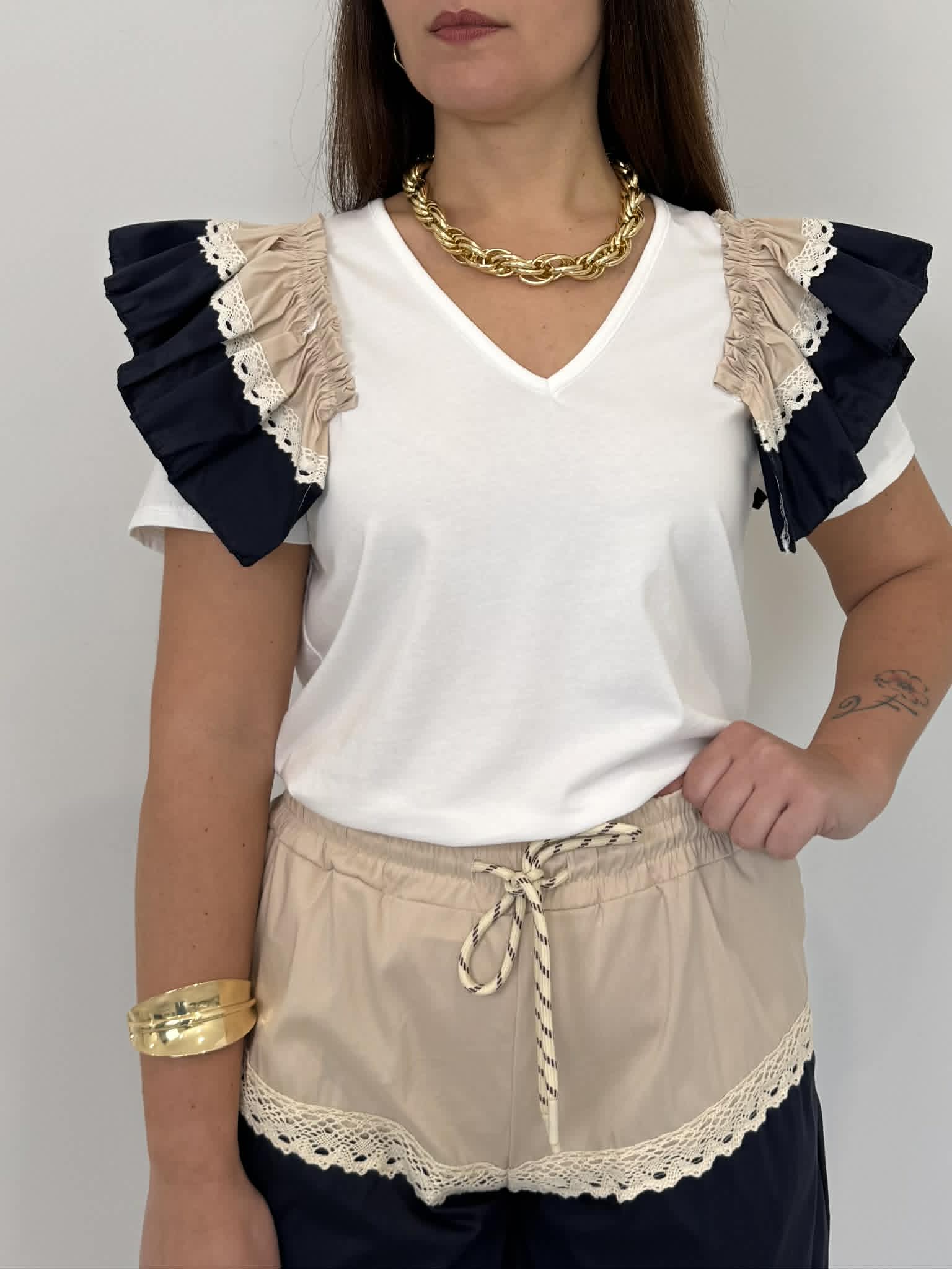 SusyMix - T-shirt con balze in cotone blu