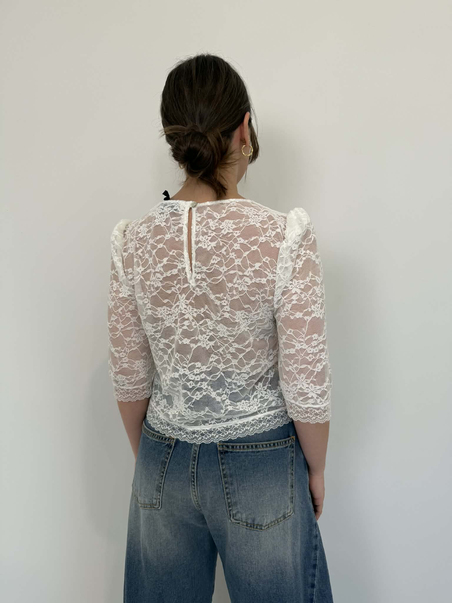 Haveone - Blusa a sbuffo in pizzo bianca