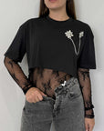 SusyMix - T-shirt con body in pizzo nero