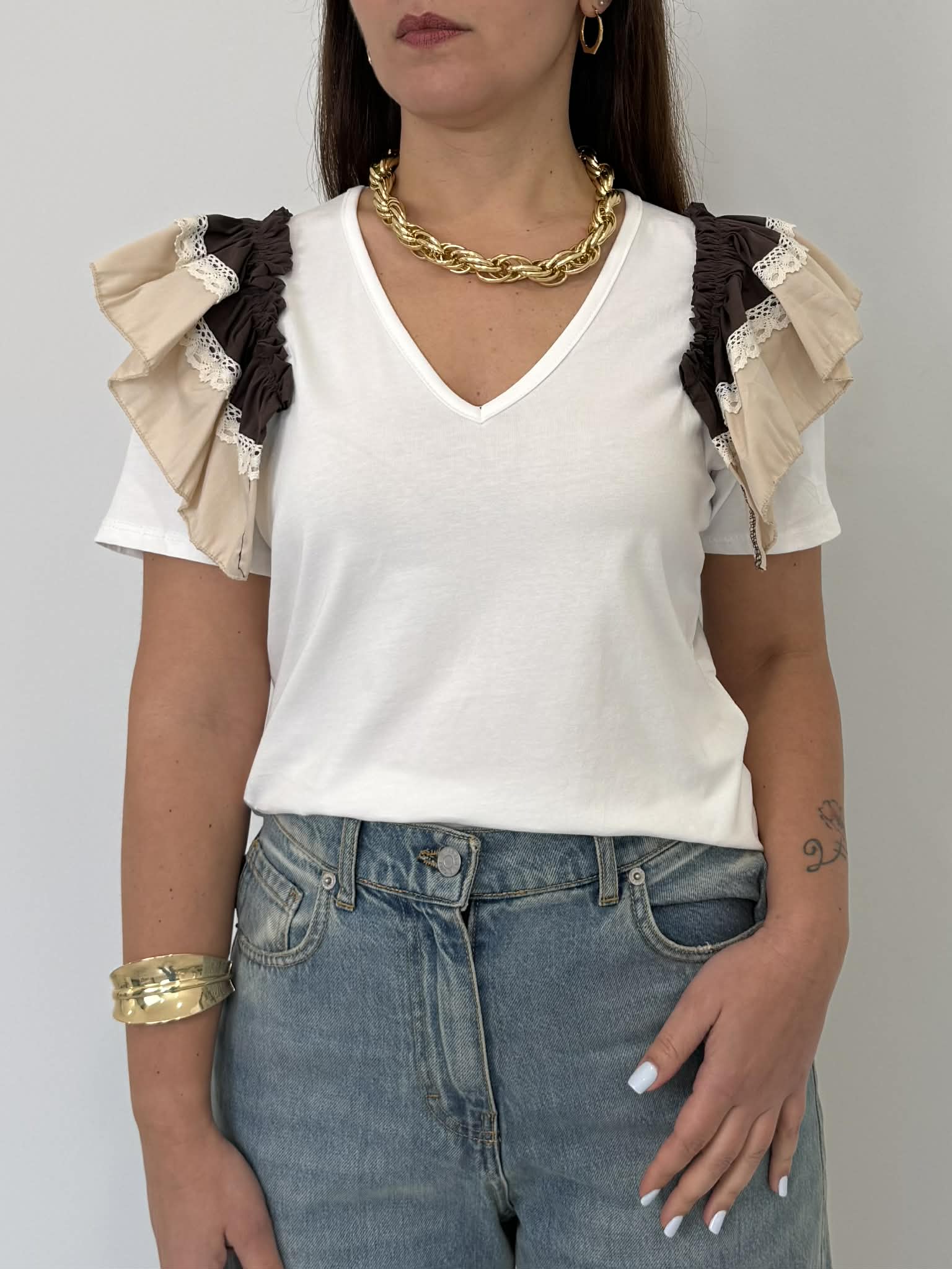 SusyMix - T-shirt con balze in cotone moro