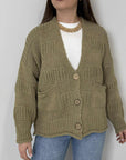 Haveone - Cardigan ricamo bottoni in legno salvia
