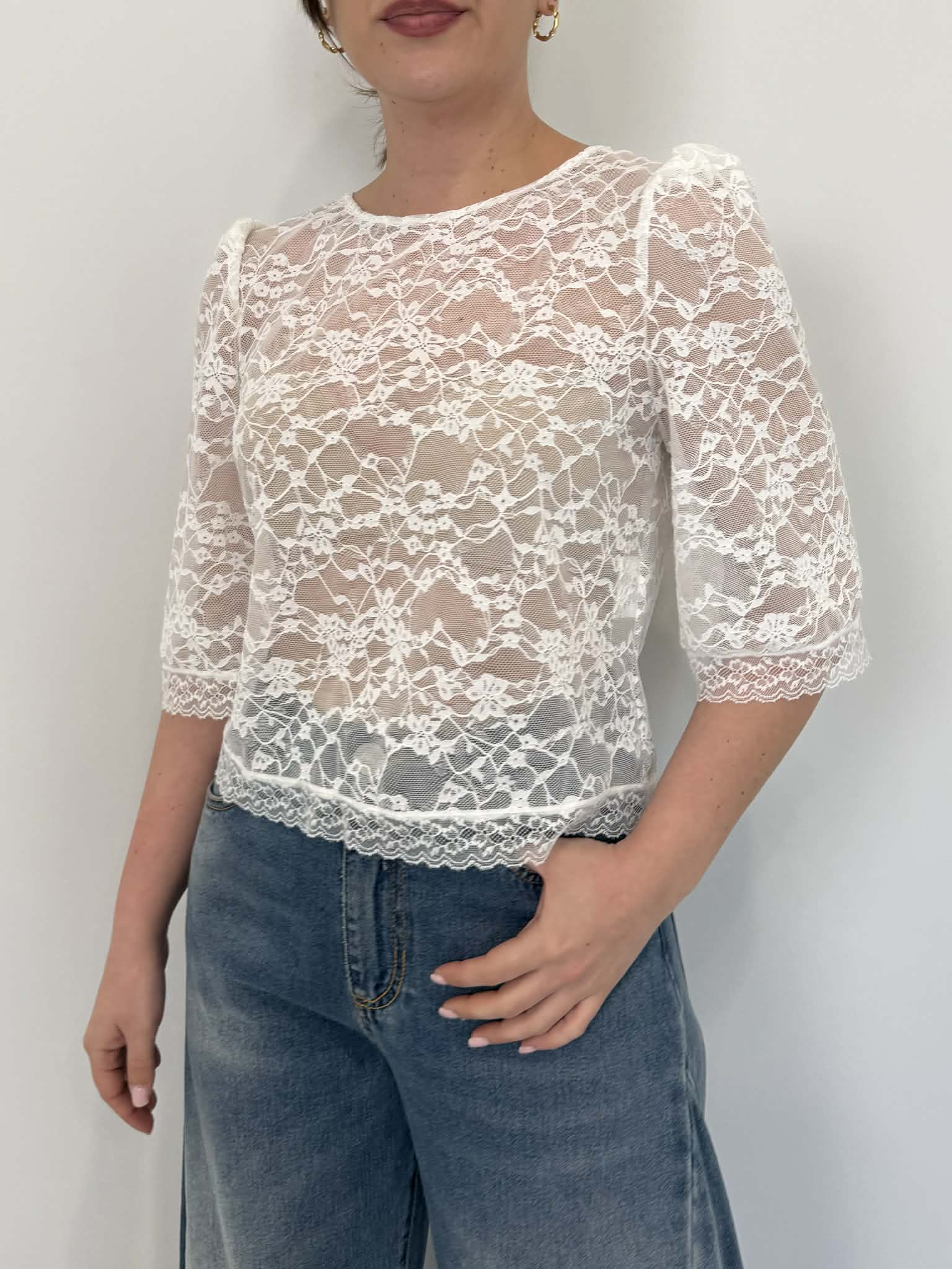 Haveone - Blusa a sbuffo in pizzo bianca